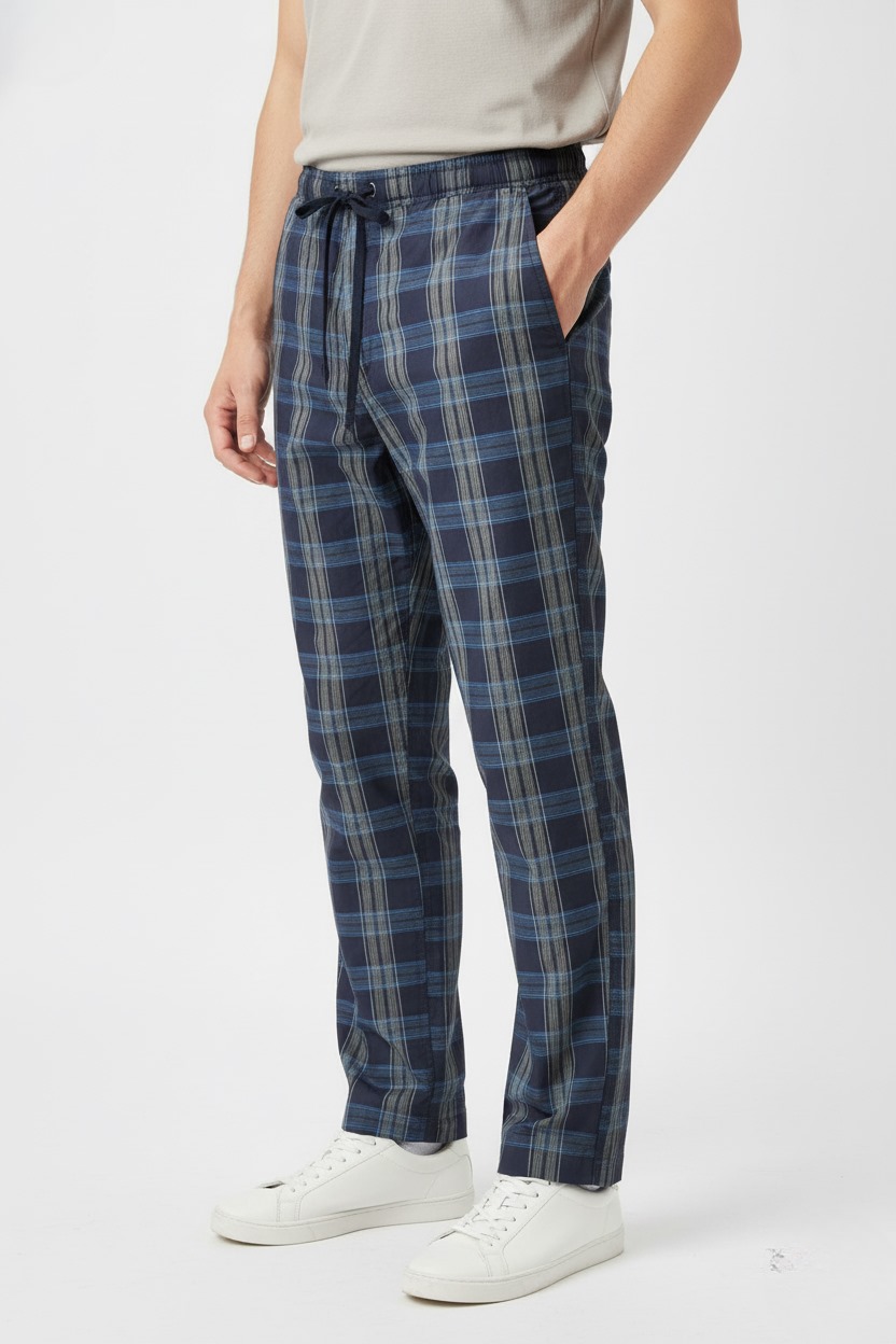 Navy Check কটন ট্রাউজার